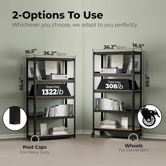 HOMEDANT House 5-Tier Metal Rolling Cart Shelf Rack Casters Heavy Duty Laminated Wheel Shelving Unit Adjustable Utility Storage Shelves Organizer Shelf Kitchen Garage (4, (M) 36.2" W, Black)