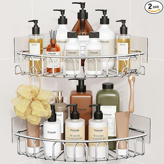 Orimade Corner Shower Caddy Stainless Steel with Hooks Wall Mounted Bathroom Shelf Storage Organizer Adhesive No Drilling 2 Pack, Silver Only for 90-Degree Corner