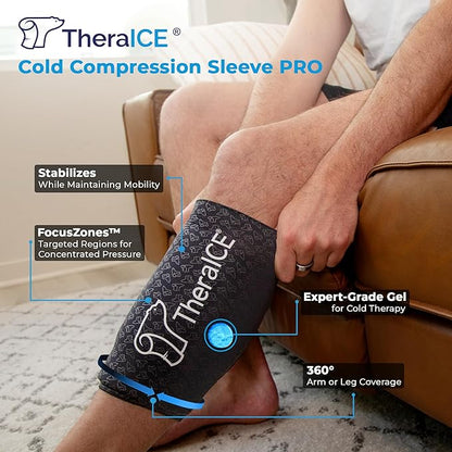 TheraICE Knee Ice Pack Wrap PRO Compression Sleeve, Reusable Gel Cold Packs Brace Also for Elbow, Ankle & Calf - Flexible Cold Wrap Recovery, FocusZone Technology for Extra Cooling & Pressure (M)