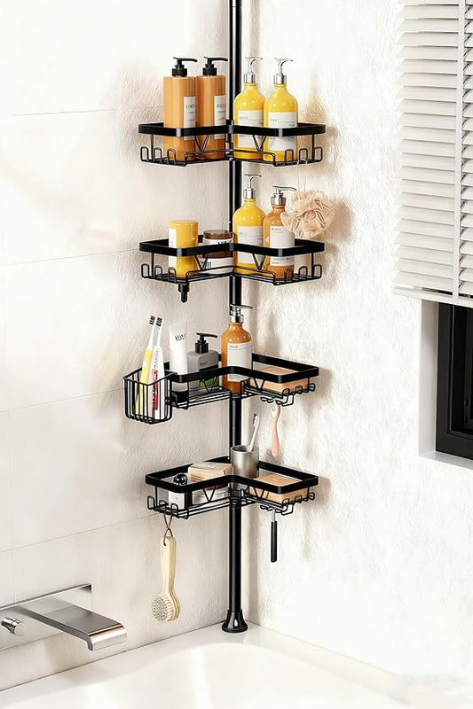 KEGII Corner Shower Caddy Tension Pole, Adjustable Bathroom Organizer Shelf with Toothbrush Holder, Floor to Ceiling Shower Organizer 25-114.2 Inch, Bathtub Storage Rack for Renters, Family