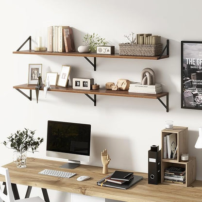 Floating Shelves 55 Inch Long, 10" Deep Floating Shelves, Walnut Wall Shelves 55 x 10, Set of 2, Wide Large Display Storage Shelves for Bathroom, Living Room, Rustic Wood Shelves with Brackets