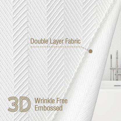 Gibelle Small Stall Shower Curtain 36 x 72, Narrow Half 3D Embossed Textured White Fabric Shower Curtain, Modern Farmhouse Herringbone Decorative Bathroom Shower Curtain Set with Hooks