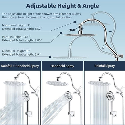 Hibbent All Metal CUPC Certified Shower Head, 10'' High Pressure Rainfall Shower Head, Handheld Showerhead Combo with 12'' Adjustable Extension Arm, 10-Spray, 71'' Shower Hose, Shower Holder, Chrome