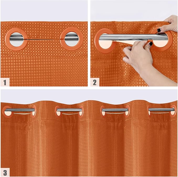 MitoVilla Orange Long Shower Curtain Liner Set 72 x 80, No Hooks Needed 80 inch Long Heavyweight Waffle Fabric Shower Curtain Set with Snap-in Liner for Hotel Grade Spa-Like Bathroom Decor