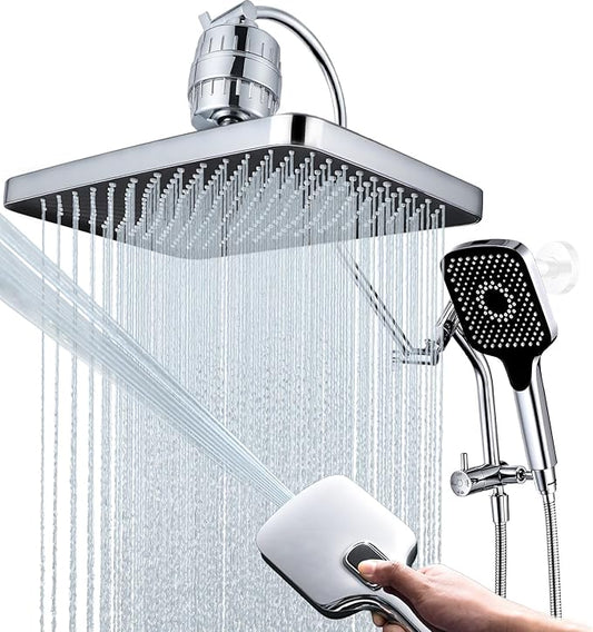 13 Inch Filtered Rainfall Shower Head with Multi-Function Handheld Sprayer Combo, 3-Way Metal Extended Diverter with Holder and Metal Adjustable Curved Shower Extension Arm, Extra Long Hose Chrome