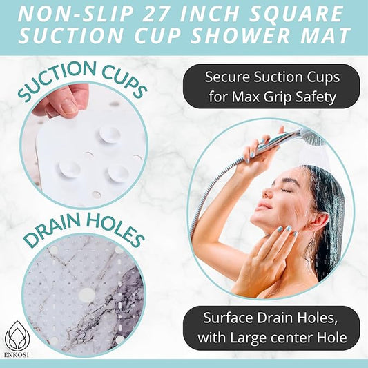 ENKOSI Square Shower Mat 27x27 inch - Anti Slip Shower Stall Floor Mat - Non Slip Shower Mats with Strong Secure Suction Cups and Drain Holes in Middle (27x27 Marble Grey)