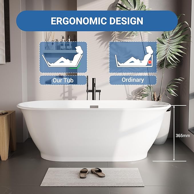 Freestanding Bathtub 59 Inch Oval Acrylic Soaking Tub – Glossy White Flared-Edge Free Standing Bath Tub with Pop-Up Drain & Overflow for Spa Bathrooms