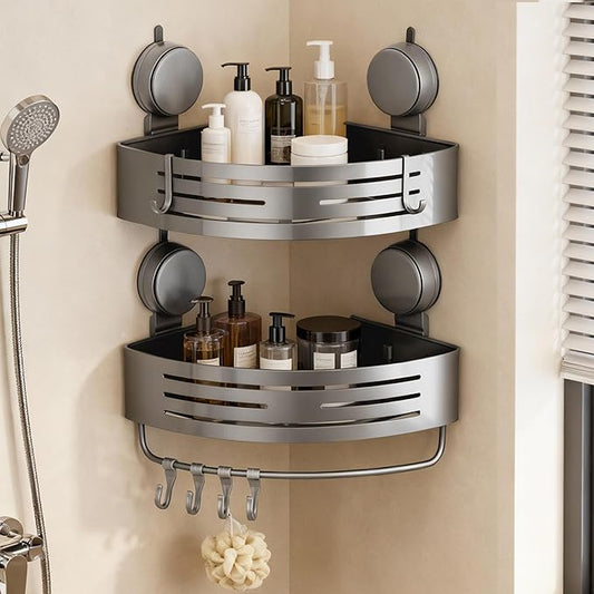 Corner Suction Cup Shower Caddy(2-Pack Gray),No-Drilling Aluminum Shower Shelf with Towel Bar & Hooks,Removable Bathroom and Kitchen Storage Organizer