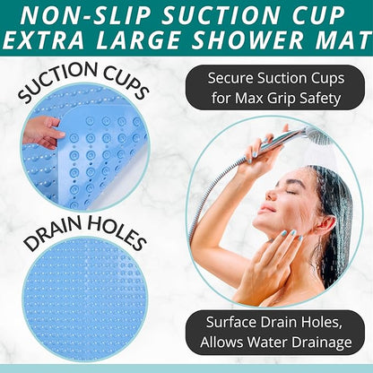 ENKOSI Extra Large Square Non Slip Shower Mat - 31 x 31-inch XL Bathroom Shower Mat - Square Shower Matts for Shower Stall Floors | Secure Suction Cups and Drain Holes (31x31 Aqua Blue)