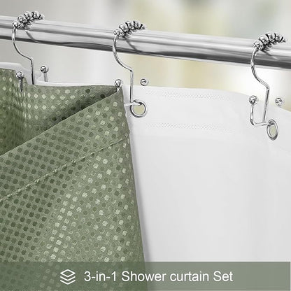 3 in 1 Stall Half Size Shower Curtain Set-36 W x 72 H, Sage Green Waffle Waterproof Fabric and PEVA Liner Set with Stainless Steel Hooks