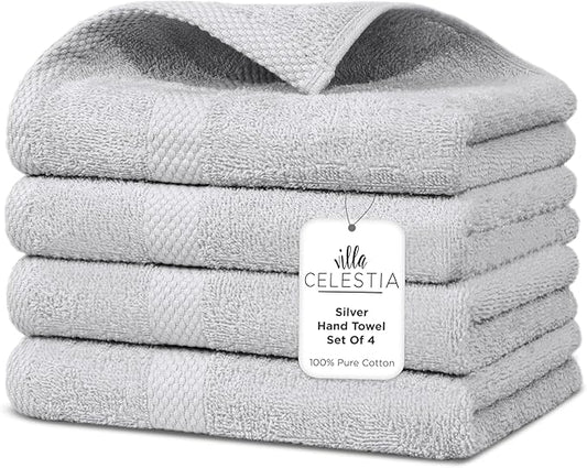 Premium Silver Hand Towels-100% Cotton, Soft & Absorbent, Fast Drying, Elegant Salon Spa Hotel Set of 4 (16''x 28'')