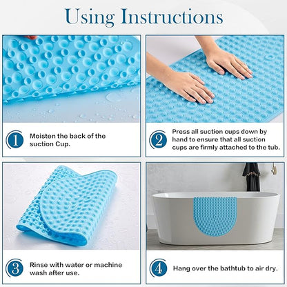Silicone Bathtub & Shower Mat Non Slip, Bubble Massage Anti Slip Shower Floor Mat with 27 x 15 Inches for Easy Storage, Machine Washable Bath Mat for Tub with All Ages, Blue, Oval