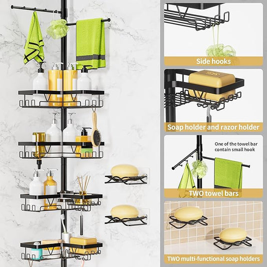 Shower Caddy Tension Pole, 4 Adjustable Corner Shower Caddy with 2 Towel Bars & 2 Soap Holders, Expands 25 to 114.2 Inches, Black Stainless Steel for bathroom/Tub/Corner