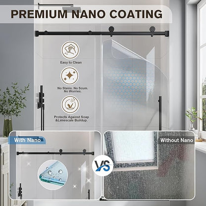 Frameless Glass Shower Door, 49-54" W x 76" H Sliding Frameless Shower Door, 1/4''(6mm) SGCC Tempered Glass,Explosion-Proof Film Nano Coating,Stainless Steel Hardware, Matte Black