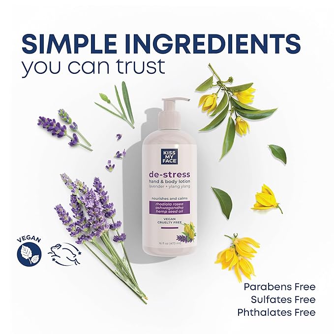 Kiss My Face De-Stress Hand & Body Lotion Lavender + Ylang Ylang - Cruelty-Free and Vegan Lotion for Dry Skin - 16 oz Bottle with Pump (Lavender & Ylang Ylang, Pack of 1)