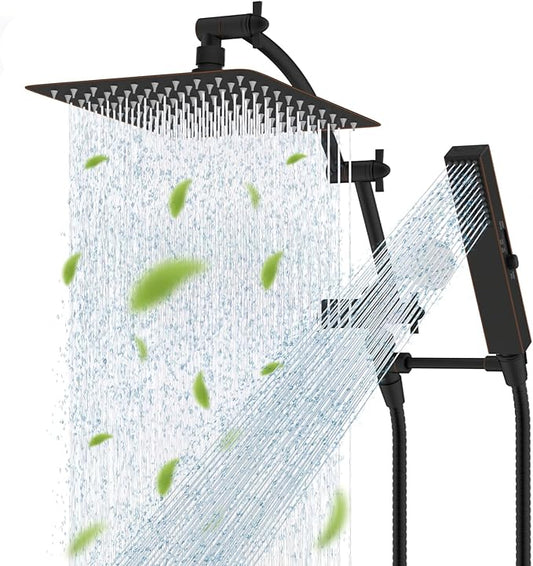 Hibbent All Metal CUPC Certified 10'' Rain Shower Head, Dual Shower Head Combo, High Pressure Handheld 4 Sprays Shower Wand, 16'' Adjustable Extension Arm, 71'' Hose, Shower Holder, Oil-Rubbed Bronze