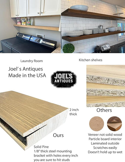 joelsantiques 60 Inch Wooden Floating Shelves for Wall - 60x10x2 in - Made of Natural Wood - Long Heavy Duty Rustic Wall Shelves for Bedroom - Perfect for Living Room, Kitchen - Beige