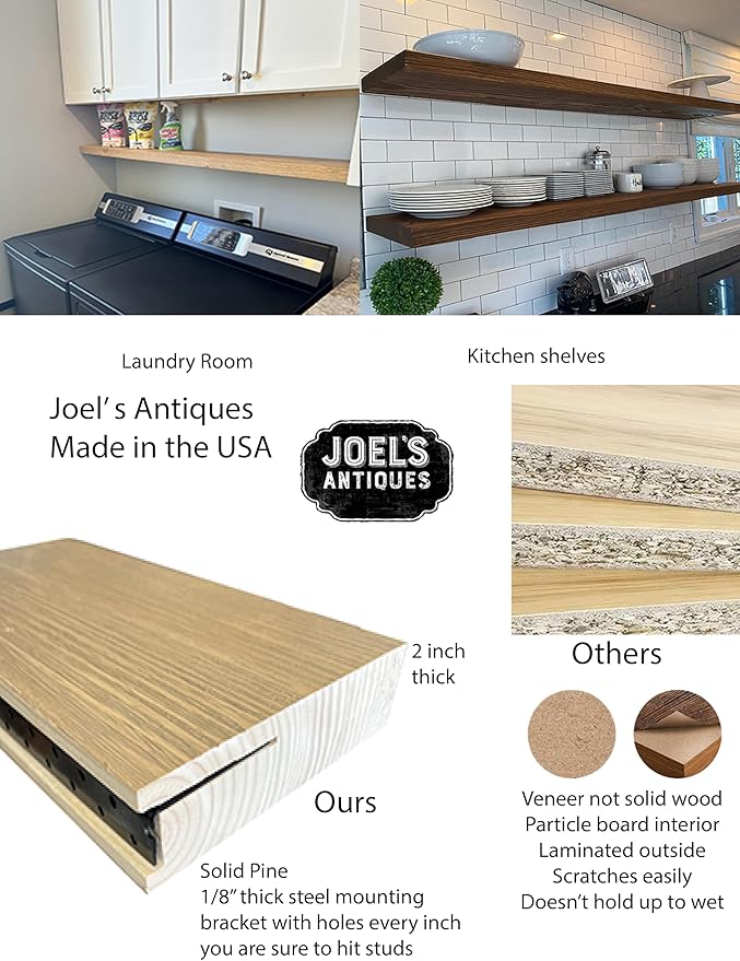joelsantiques 60 Inch Wooden Floating Shelves for Wall - 60x10x2 in - Made of Natural Wood - Long Heavy Duty Rustic Wall Shelves for Bedroom - Perfect for Living Room, Kitchen - Medium Brown