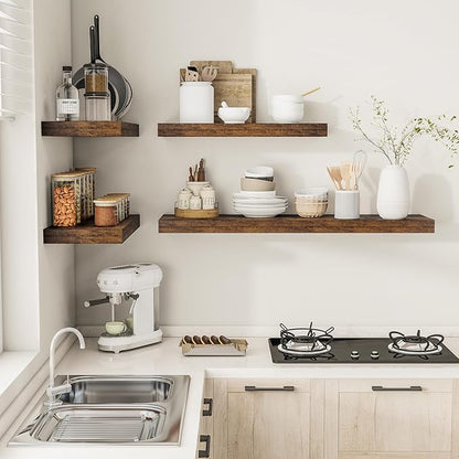Vivelove 12" Deep Floating Shelves for Wall 55" Long, Wall Shelves for Living Room Bedroom Bathroom Kitchen Laundry Room, Farmhouse Rustic Shelves for Home Decor, 55" X 12" X 2" Set Of 2, Rustic Brown