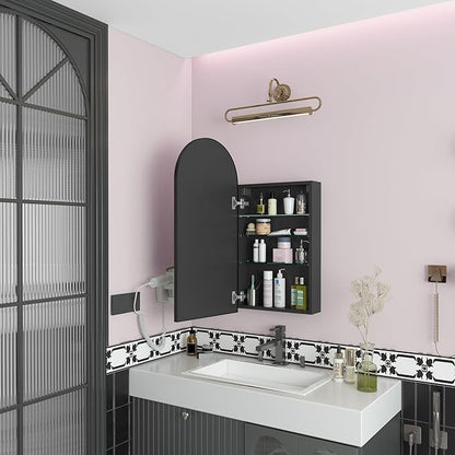 FKWin Arched Black Bathroom Medicine Cabinet with Mirror, Left or Right Opening, Bathroom Vanity Mirrors for Over Sink, Surface Mount Medicine Cabinet not Recessed, Black, 16x31 inch