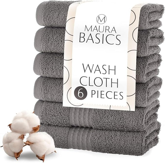 MAURA Basics Turkish Cotton Washcloth Towel Set High Performance Bathroom Essentials with Hanging Loops, Standard Size 13”x13”, Ideal for Daily Comfort, Space Gray