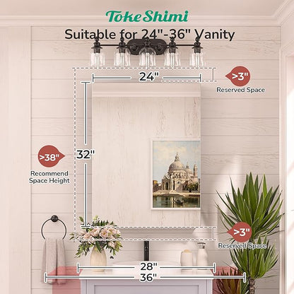 TokeShimi 24 x 32 Mirrored Medicine Cabinet Recessed or Surface Mount, Aluminum Tempered Bathroom Medicine Cabinet with Mirror with Storage Black Stepless Adjustable Metal Shelves Farmhouse