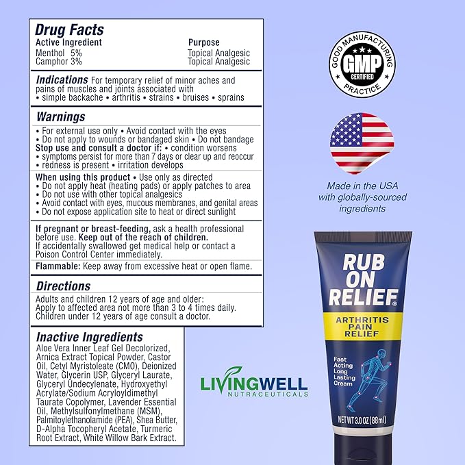 RUB ON RELIEF Topical Pain Relief Cream - Non-Greasy Joints Pain Cream for Knees, Shoulders & Back, Targeted Arthritis & Muscle Aches with Arnica, MSM, Turmeric, Aloe Vera, & Castor Oil- 3 oz (3 Pack)