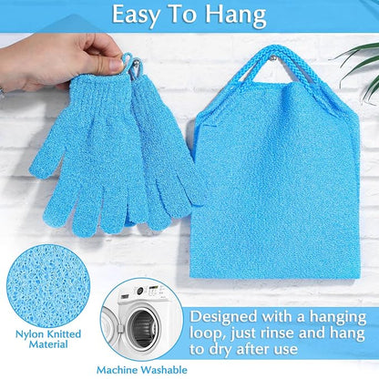 Anezus Exfoliating Back Scrubber Bath Gloves Set, Exfoliating Shower Towel with Shower Gloves for Body Scrub, Back Cleaner Wash Gloves to Remove Dead Skin (Blue)