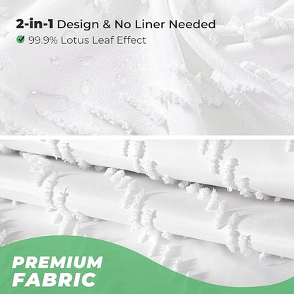 White Boho Fabric Shower Curtain 72 x 72 Inches, Modern Shabby Chic Textured Tufted Chevron Striped Minimalist Cloth Bathroom Shower Curtain