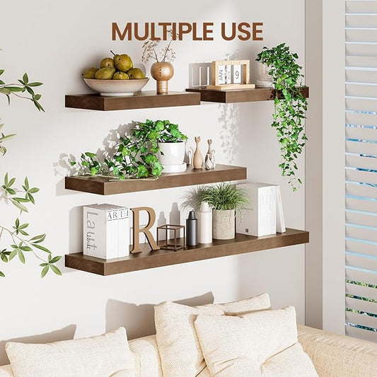 Heimlove 24 inch Floating Shelves for Wall,2 Packs Natural Pine Solid Wood Floating Shelves, 8 inches Deep Wooden Shelves for Kitchen Bedroom Office & Living Room Display Wall Decor