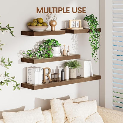 Heimlove Floating Shelves for Wall,2 Packs 16 inches Natural Pine Solid Wood Floating Shelves, 8 inches Deep Wooden Shelves for Kitchen Bedroom Office & Living Room Wall Decor