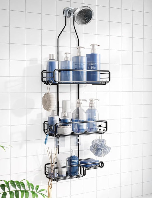 Shower Caddy Hanging Bathroom Organizer: Over Head Adjustable Rack for Tall Showerhead - Extra Large Storage Shelf for Big Shampoo Bottles with Soap Holder