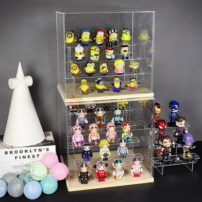 Choowin 5 Tier Clear Acrylic Display Case for Collectibles, Mini Figures, Pop Mart, Labubu, Sonny Angel, Smiski - Assemble Dustproof Acrylic Display Box with Door, Stand (White Base, Clear Step)