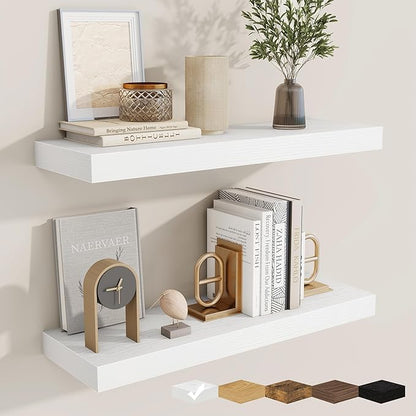 fuqing Floating Shelves for Wall, Wall Mounted Wood Floating Shelf with Invisible Brackets for Living Room, Bathroom, Bedroom, Kitchen Storage and Decor, 24 Inch Set of 2, White