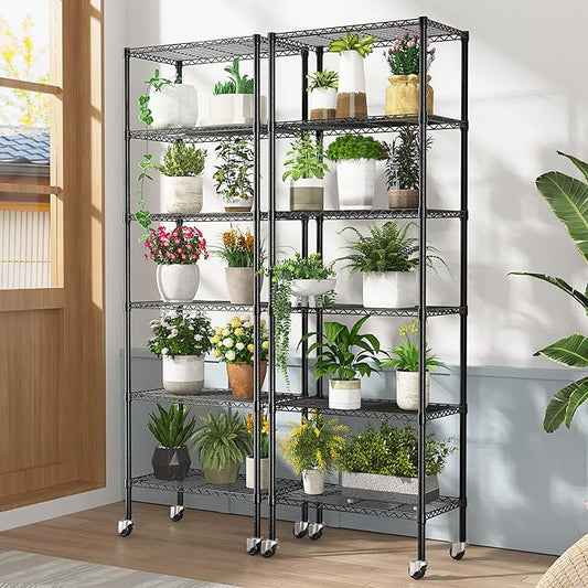 2 PACK 750 lbs Capacity Heavy Duty Garage Wire Rack Shelving, Adjustable 6-Shelf Metal Shelving with Wheels, 14"D x 24"W x 71"H Space-Saving Rolling Storage Shelves for Closet, Kitchen & Garage, Black