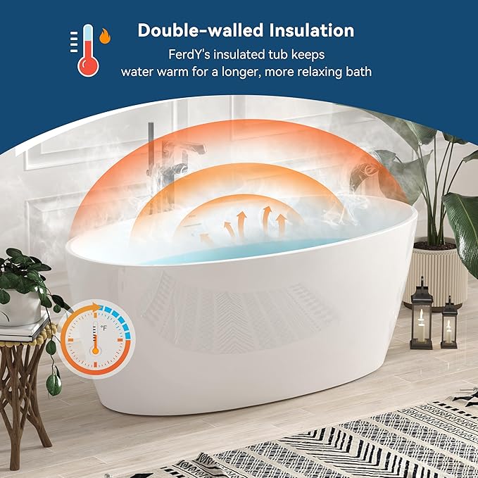 FerdY Tahiti 59" Acrylic Freestanding Bathtub, Elegant Oval Shape Soaking Bathtub, Glossy White, Matte Black Drain & Matte Black Overflow Assembly Included cUPC Certified