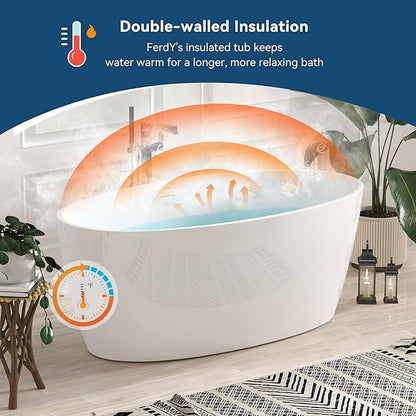 FerdY Tahiti 59" Acrylic Freestanding Bathtub, Elegant Oval Shape Bathtub, Glossy White, Polished Chrome Drain & Integrated Slotted Overflow Assembly Included cUPC Certified
