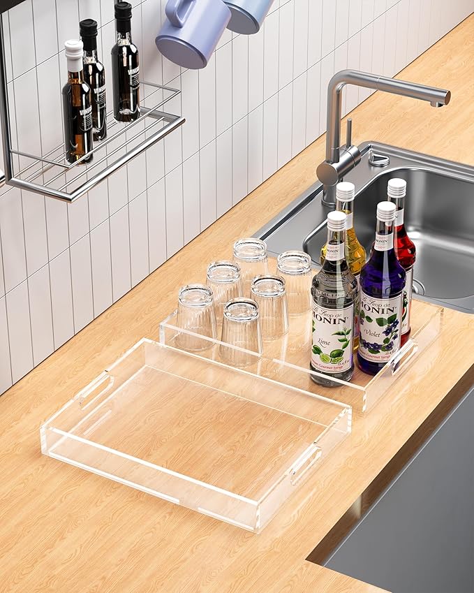 Acrylic Serving Tray Set of 2-16x12 & 15.4x11.9 Inch Clear Luxury Trays for Kitchen, Dining, Bathroom Organizer - Non-Slip, Scratch-Resistant, Spill-Proof Design - Ideal Gift for Housewarming, Parties