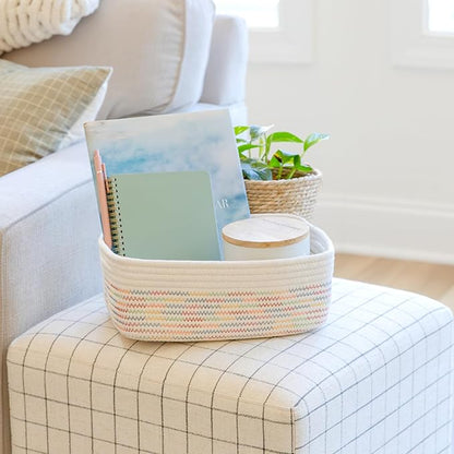 NaturalCozy 11.8"x8"x4.5” Rectangle Storage Baskets for Shelves 3 Pack | Cotton Rope Woven Small Baskets for Organizing | Small Storage Bins for Nursery, Bathroom, Closet, Shelf, Decorative, Gift