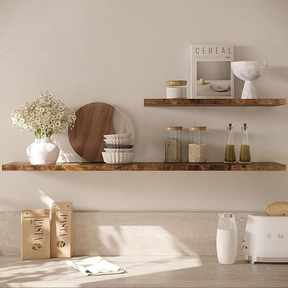 Wall Shelf Set of 3, Rustic Brown Floating Shelves 24 in W x 10 in D x 1 in H, Wooden Floating Wall Shelf with Invisible Brackets for Living Room/Bedroom/Bathroom/Kitchen Storage and Decor