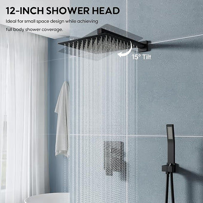 WELLFOR 12-In Wall Mounted Rain Shower Faucet with Single Handle and Handheld Spray, Waterfall Dual Head Shower Head System with 2-way Diverter, Pressure-balanced Valve Included, Matte Black
