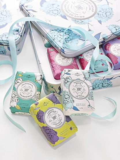 La Chatelaine Luxury Soap Collection | Oprahs Favorite Things | Shea Butter Bar Soaps, Made in France | Natural | Set of 6, 7 oz (Gardenia, Coconut Milk, Lemon Verbena, Cherry Almond, Shea, Wild Fig)
