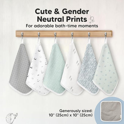 6-Pack Cotton Baby Washcloths for Newborn - Organic Cotton Muslin Soft Wash Cloths for Babies, Infant, Kids, Toddler Towels for Boy, Girl, Super Absorbent Face Cloths, Scratch-Free Baby Rags (Nordic)