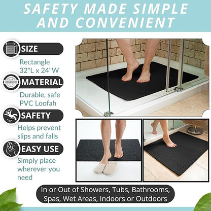 Enkosi Loofah Non-Slip Shower Mat - Shower Floors, Bathtub, Bathrooms, Wet Areas - Cushioned Bath Mat with Drain Holes - Quick Dry PVC, Secure Safety Pad Without Suction Cups (32x24 Black)