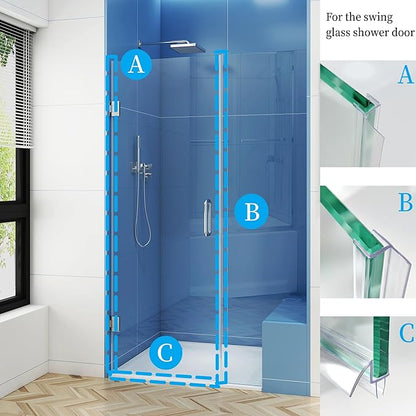 Shower Door Seal Strip Kit 3 Packs, 2 PCS 76" Shower Door Side Seals and 1 PC 36" Shower Door Sweep Bottom Seal for 3/8" (10mm) Thick Glass Shower Door Polycarbonate