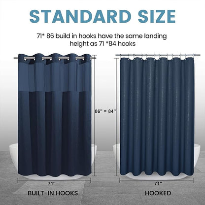 Navy Blue Long No Hook Shower Curtain with Snap in Liner,230GSM Waffle Weave Shower Curtains for Bathroom,71W x 86H