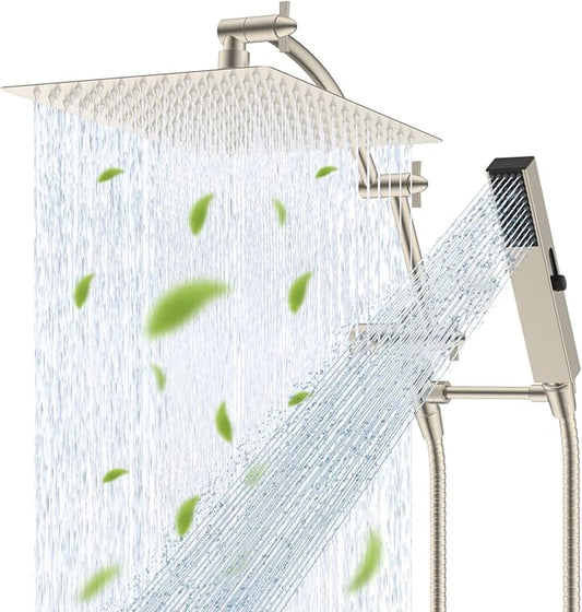Hibbent All Metal CUPC Certified 12'' Rainfall Shower Head, Dual Shower Head Combo, High Pressure Handheld 4 Sprays Shower Wand, 16'' Adjustable Extension Arm, 71'' Hose, Shower Holder, Brushed Nickel