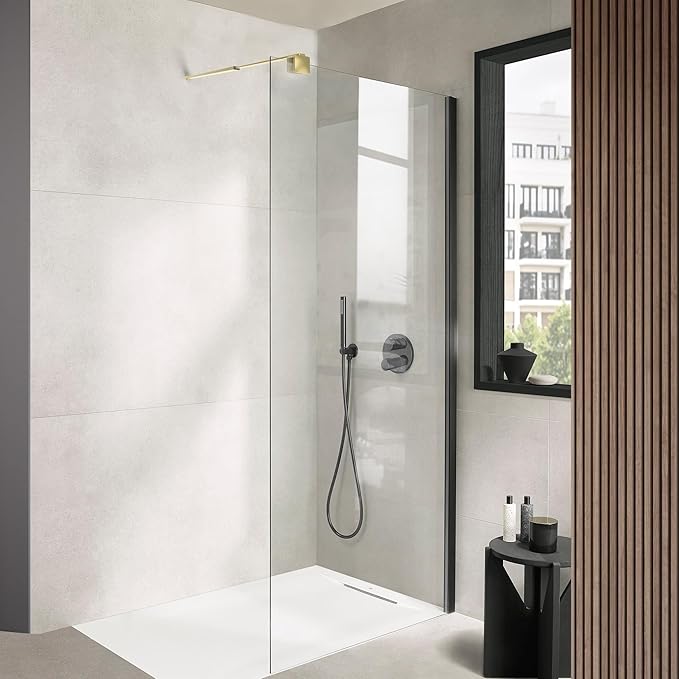 Shower Door Glass Support Bar, 26.96" to 48.54" Adjustable Stainless Steel Wall-to-Glass Shower Stabilizer Rod for 1/4", 5/16", 3/8", Brushed Gold