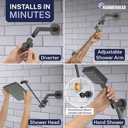 HammerHead® Solid Metal Dual Shower Head Combo — 8" Square Rain Shower Head with Handheld, 12" Adjustable Arm & Wall-Mount Holder for Flexible Installation — Oil Rubbed Bronze