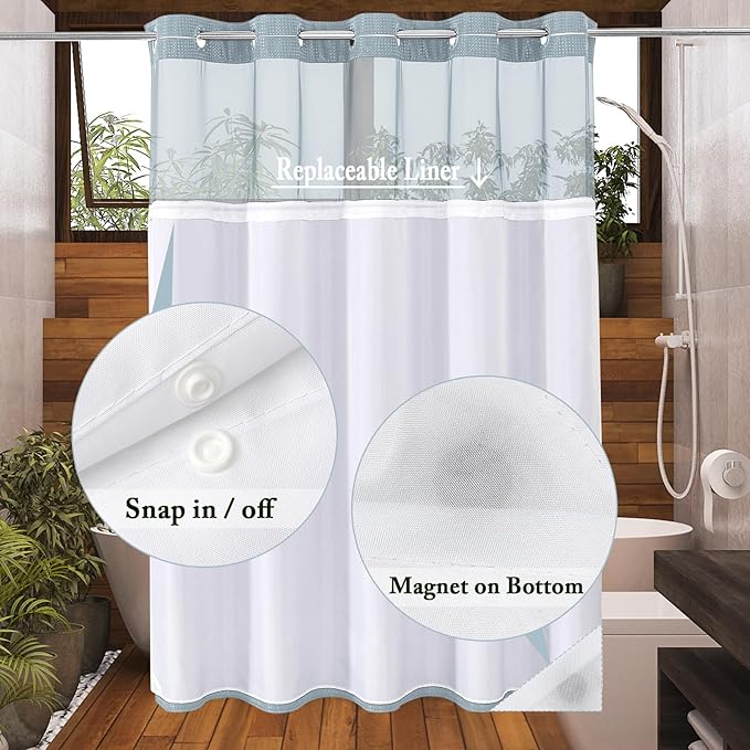 Gibelle Long Shower Curtain 72x80, Waffle Weave Bathroom Shower Curtain with Snap-in Fabric Liner Set, No Hooks Needed, Hotel Style with Mesh Top Window, Fog Blue